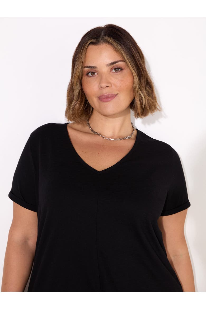 Cotton Slub V-Neck Longline T-Shirt, Alternate, color, Black