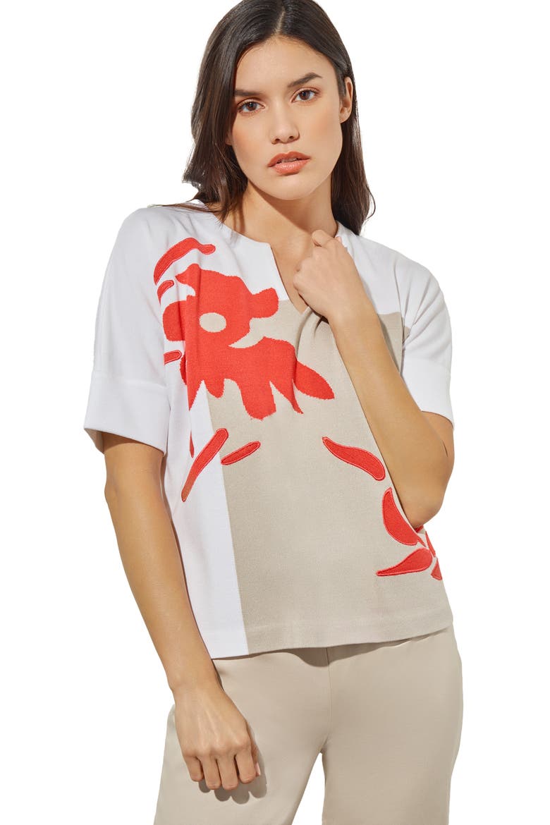 Placed Floral Short Sleeve Sweater, Alternate, color, FLAMENCO/ LIMESTONE/ WHITE