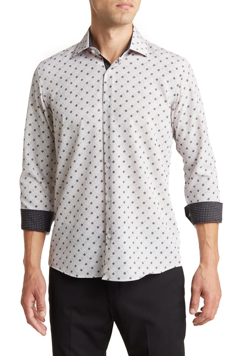 Patterned Long Sleeve Performance Button-Up Shirt, Main, color, WHITE