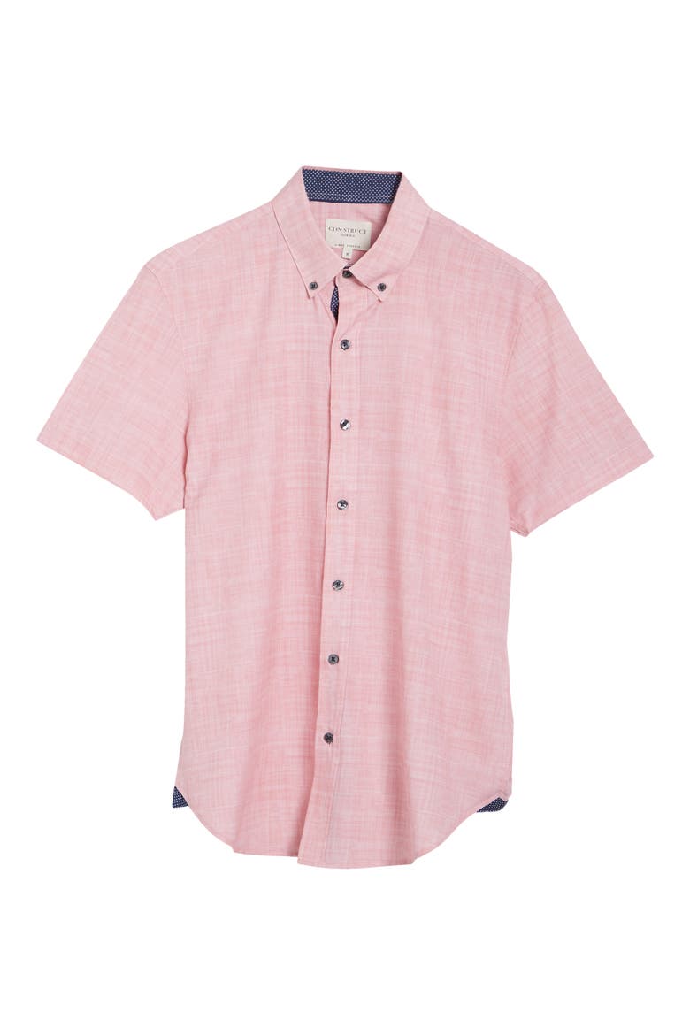 Slim Fit Four-Way Stretch Performance Chambray Short Sleeve Button-Down Shirt, Alternate, color, CORAL CHAMBRAY