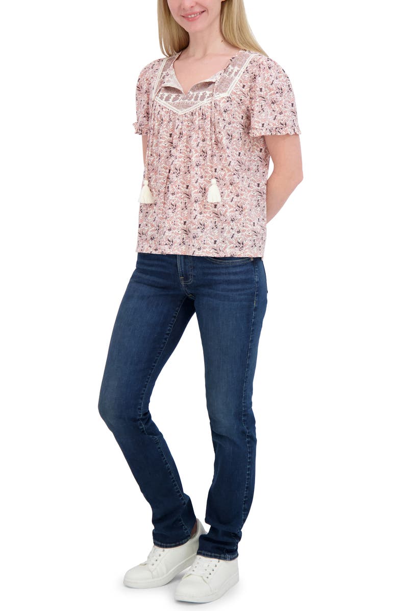 Lucky Brand Split Neck Puff Sleeve Top, Alternate, color, Cream Floral