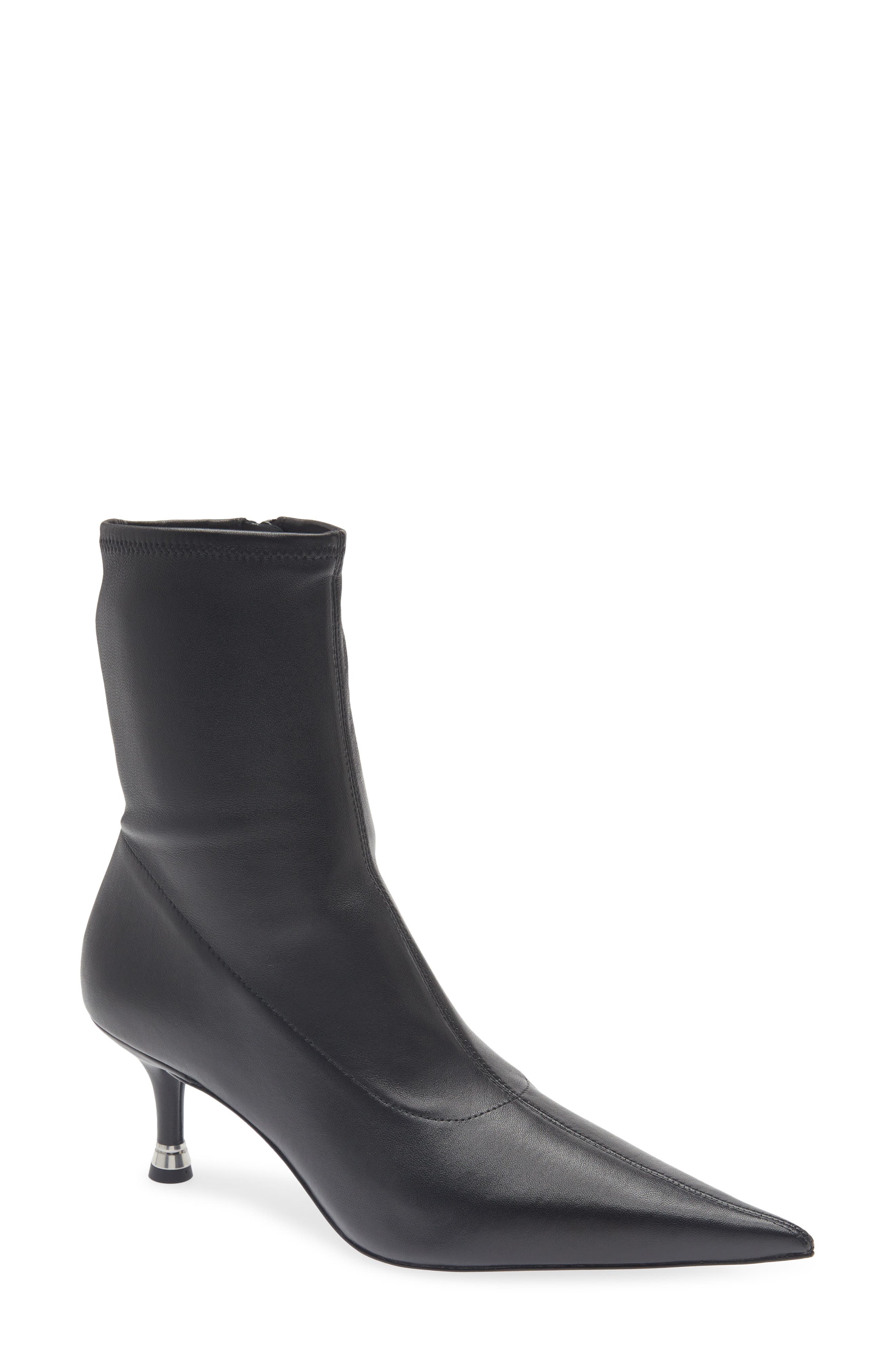 Fei Pointed Toe Stretch Leather Ankle Boot, Main, color, BLACK