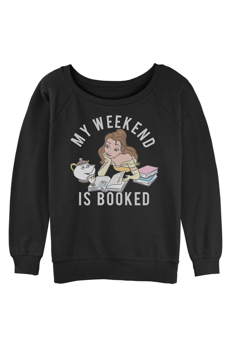 Junior's Beauty and the Beast Belle My Weekend is Booked  Sweatshirt, Main, color, Black