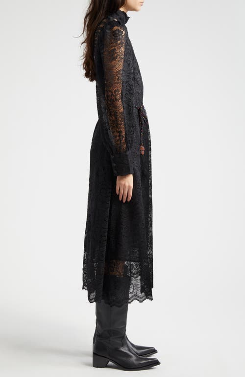 Farm Rio Lace Tie Belt Long Sleeve Dress In Black