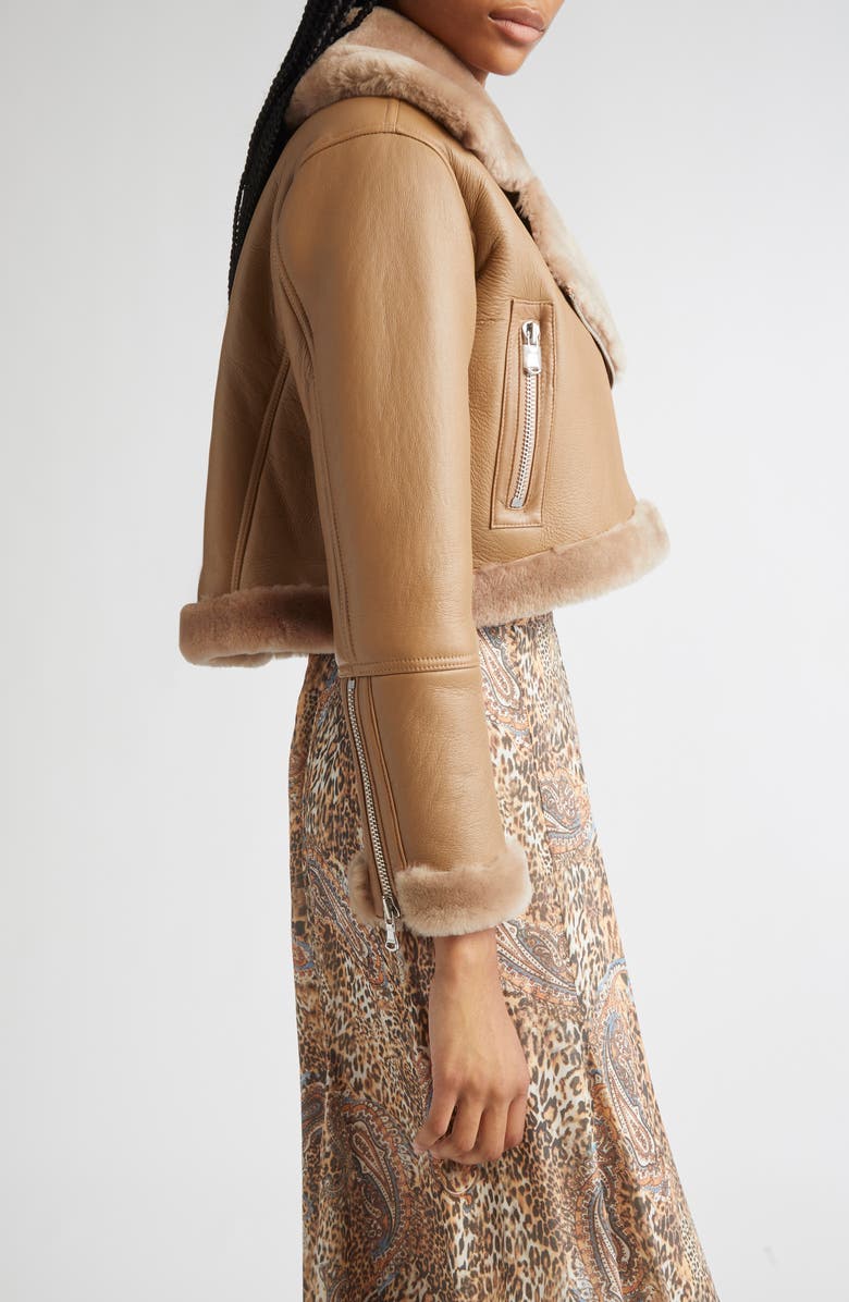 L'AGENCE Pike Leather & Genuine Shearling Crop Jacket, Alternate, color, Chanterelle