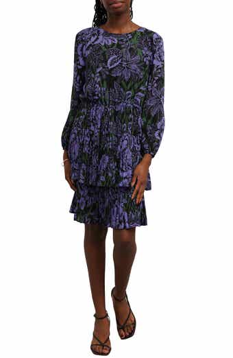 Pleated Tiered Tie Belt Long Sleeve Dress