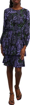 SUNNY LEIGH Pleated Tiered Tie Belt Long Sleeve Dress