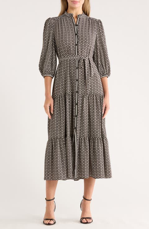 Crepe 3/4 Sleeve Button Front Maxi Dress