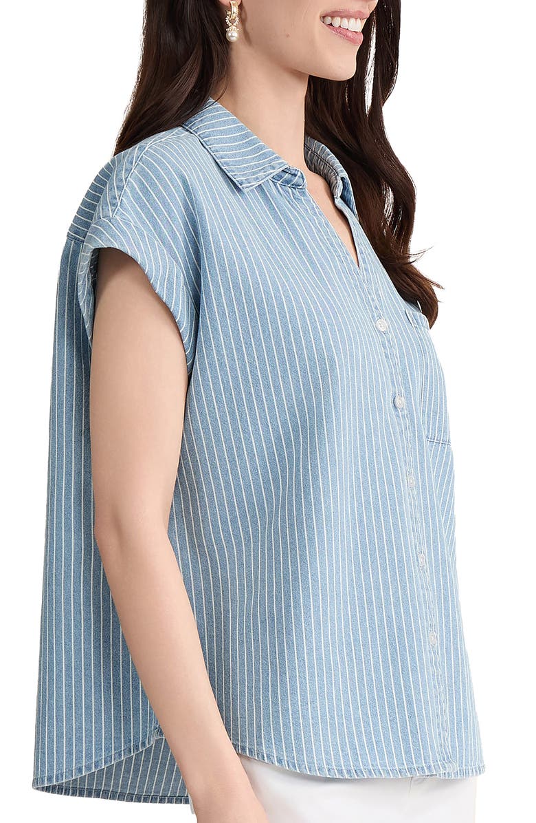 Jones New York Stripe Cotton Button-Up Shirt, Alternate, color, Medium Wash / White