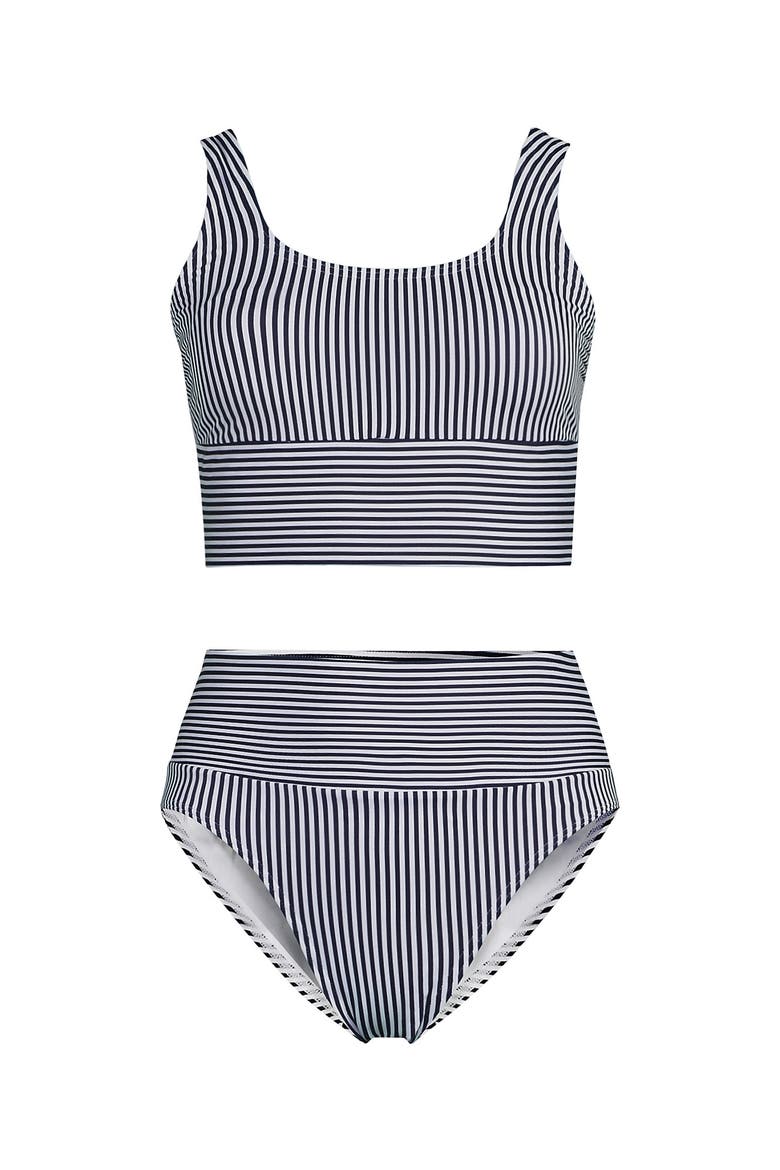 Tugless Tankini Top and High Waisted Bottom Swimsuit Set, Alternate, color, Deep Sea Navy Mini Stripe