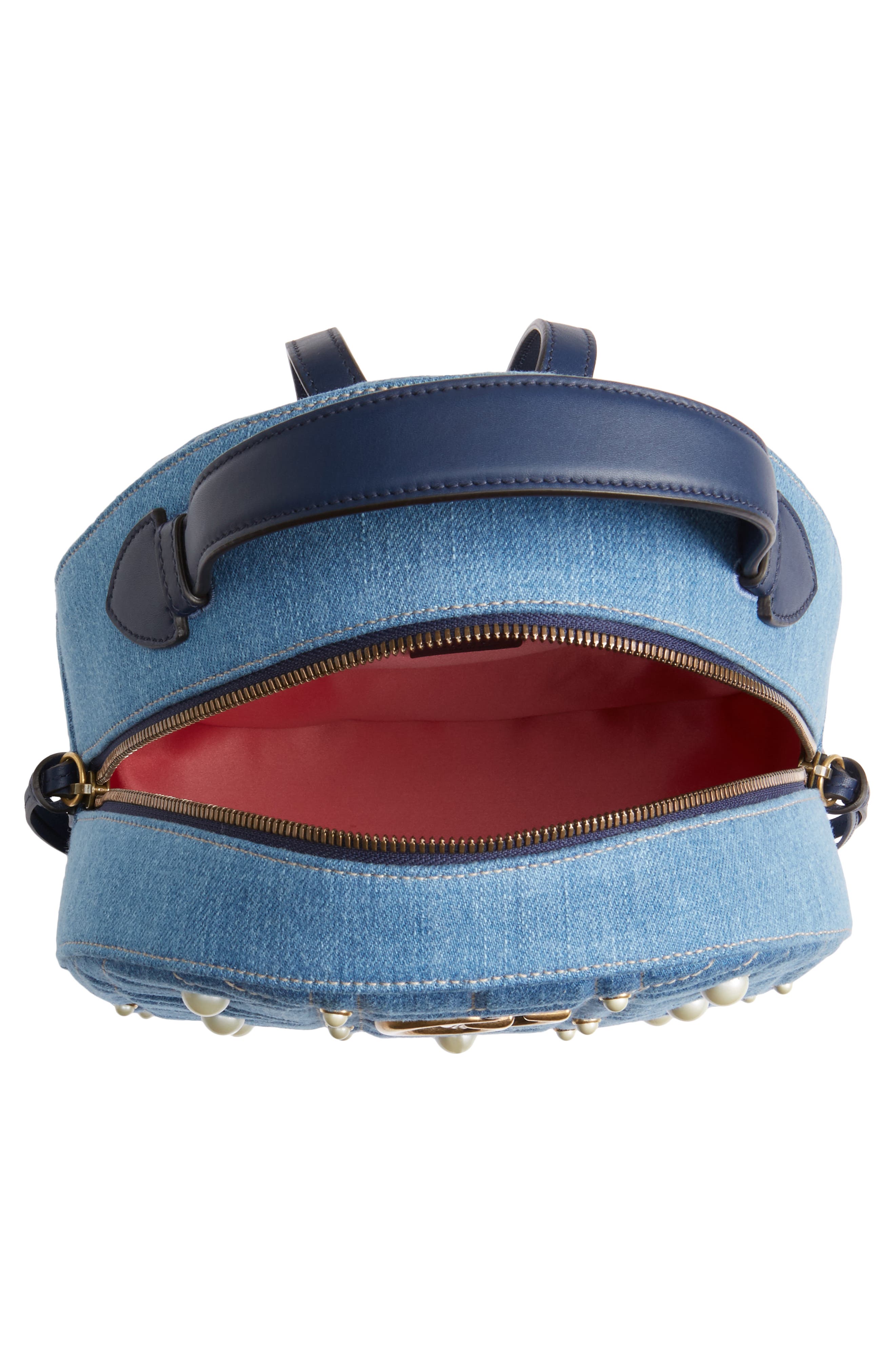 Gucci GG Marmont 2.0 Imitation Pearl Embellished Denim Backpack, Alternate, color, 