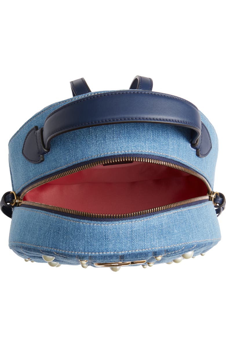 Gucci GG Marmont 2.0 Imitation Pearl Embellished Denim Backpack, Alternate, color,