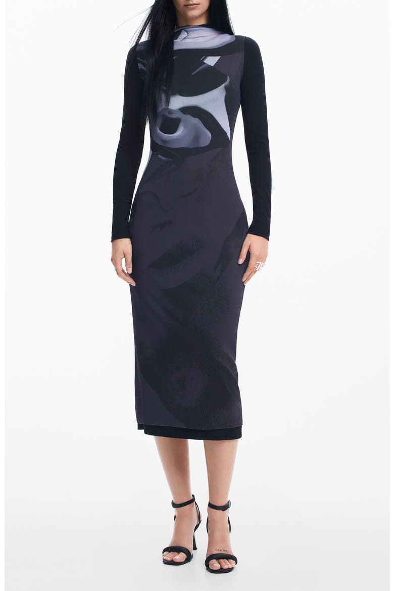 Lincoln Abstract Print Long Sleeve Mesh Dress, Main, color, BLACK