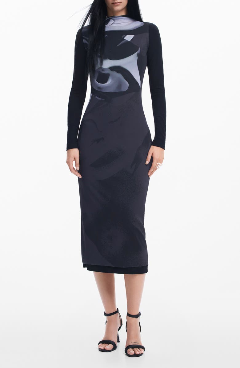 Desigual Lincoln Abstract Print Long Sleeve Mesh Dress, Main, color, Black