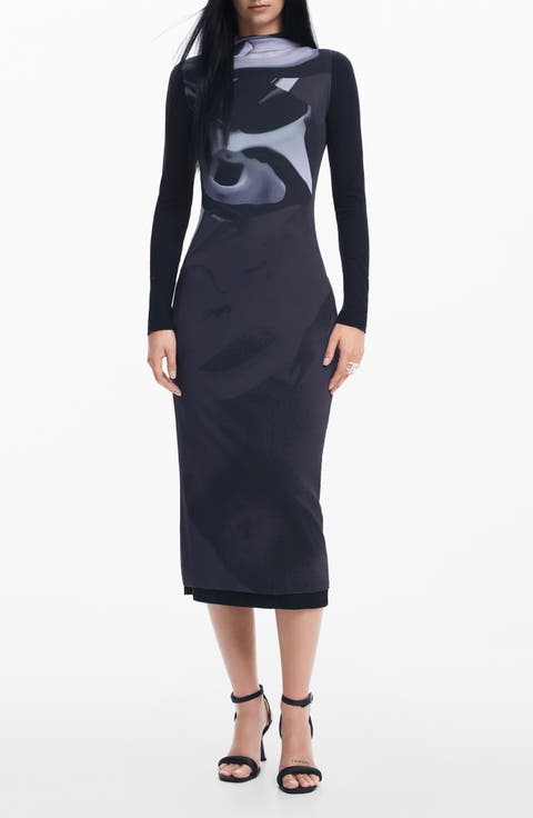 Lincoln Abstract Print Long Sleeve Mesh Dress