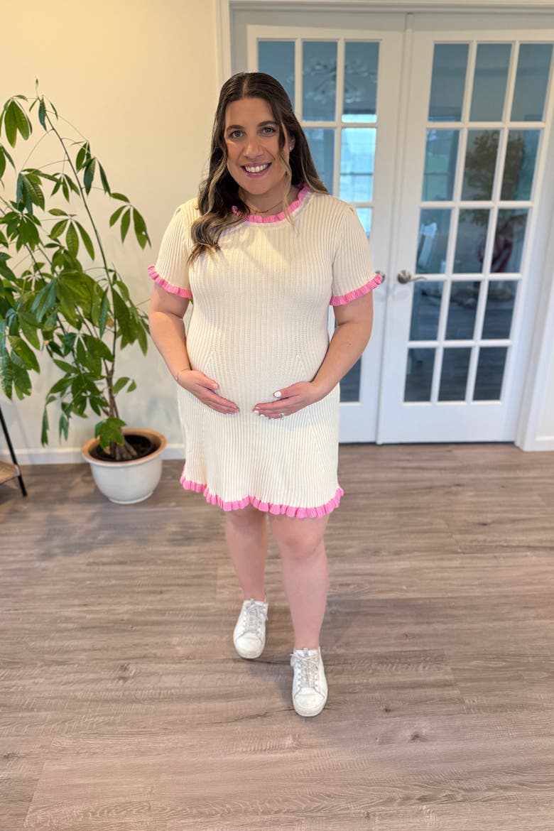 Ribbed Knit Ruffle Trim Mini Dress, Alternate, color, Cream
