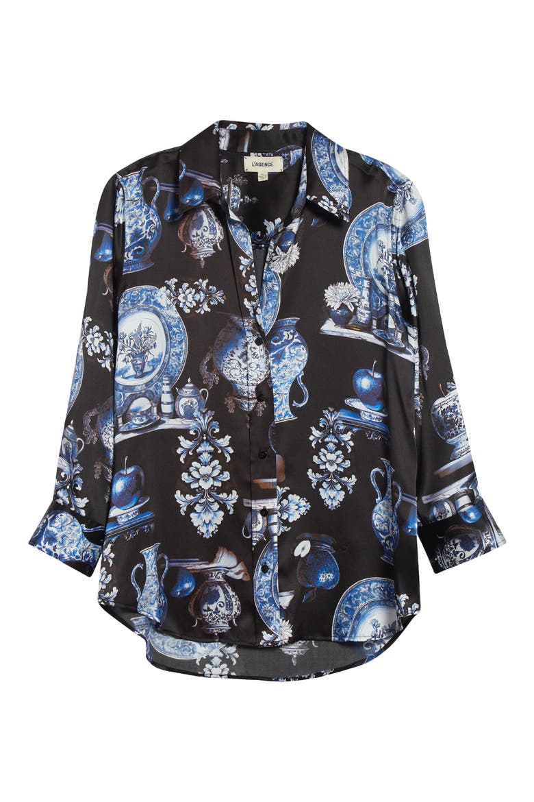 Dani Pottery Print Silk Button-Up Shirt, Alternate, color, BLACK/ BLUE PORCELAIN PRINT