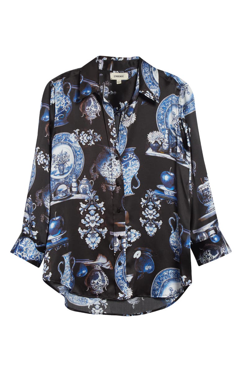 L'AGENCE Dani Pottery Print Silk Button-Up Shirt, Alternate, color, Black/ Blue Porcelain Print