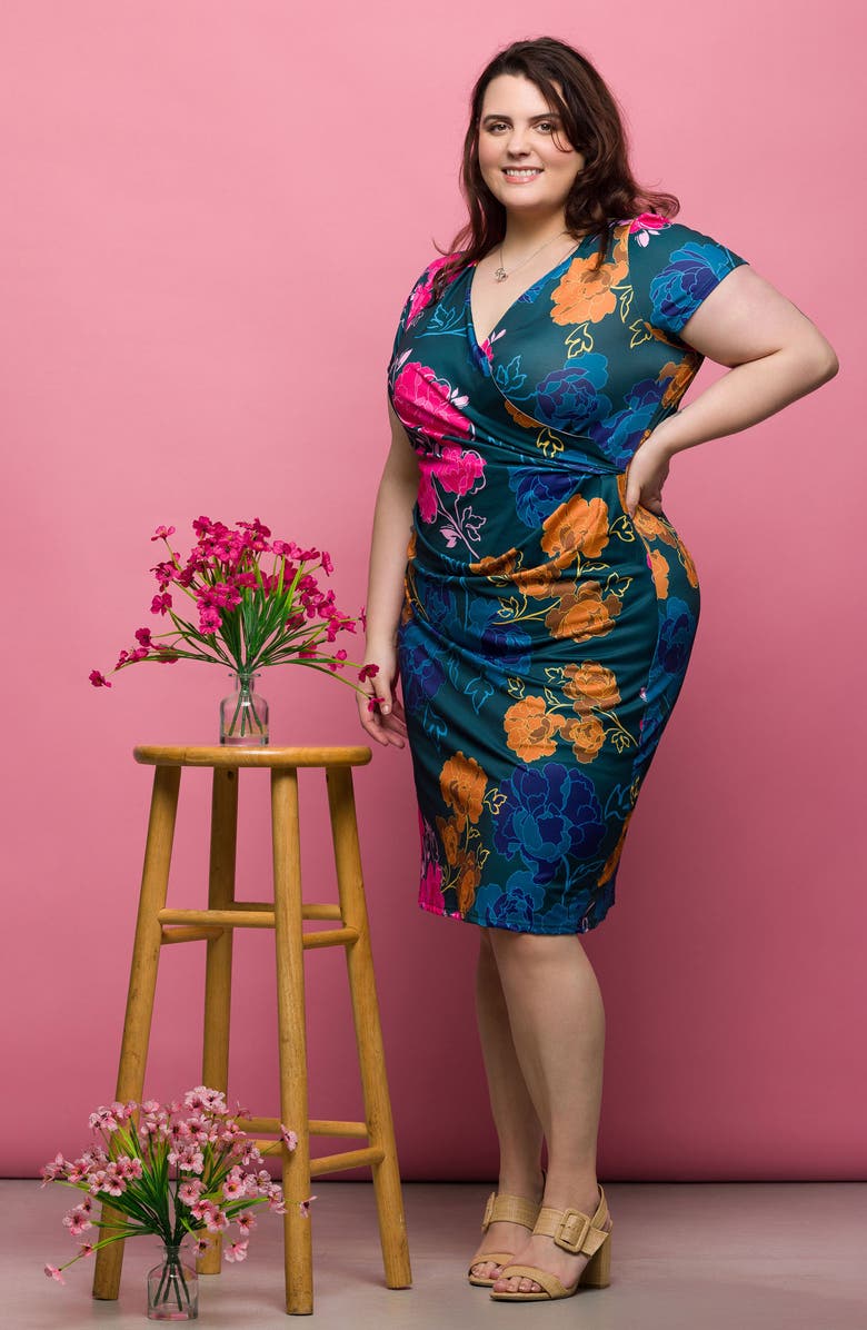 24seven Comfort Apparel Floral Wrap Front Knit Dress, Alternate, color,