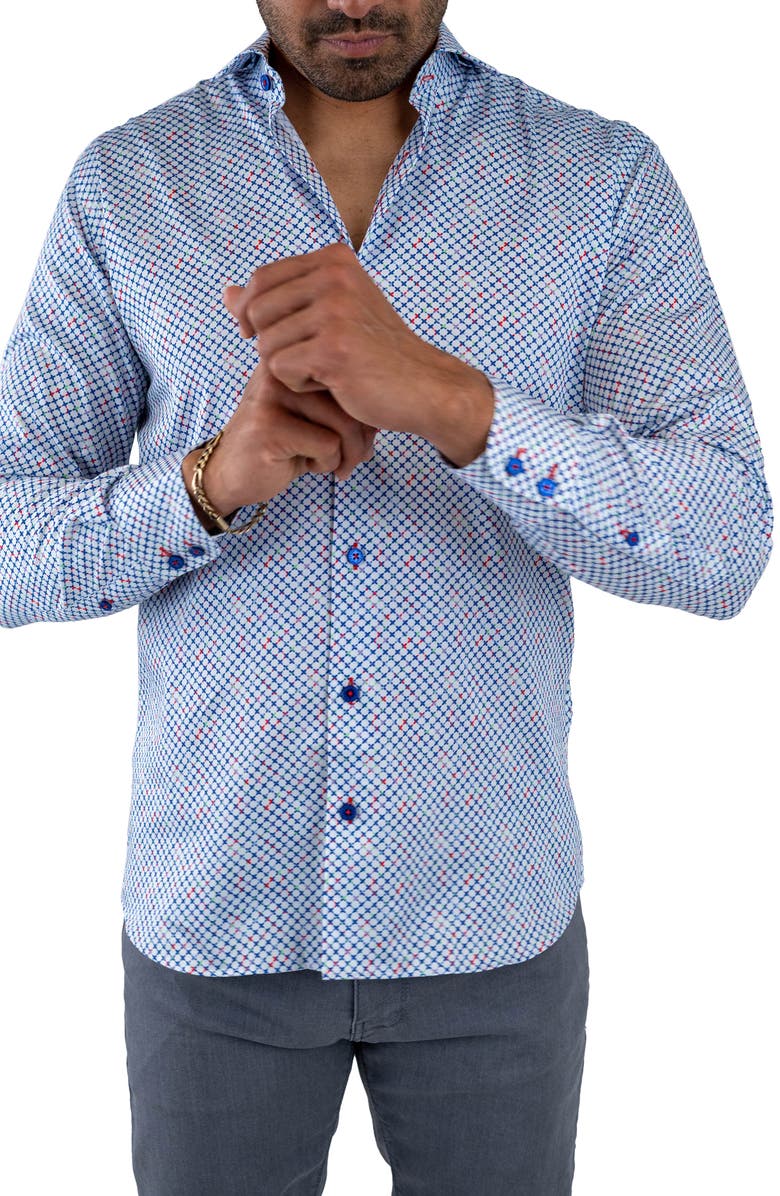 Maceoo Einstein Stretchsymbol 21 Geo Print Cotton Button-Up Shirt, Alternate, color, White/ Blue