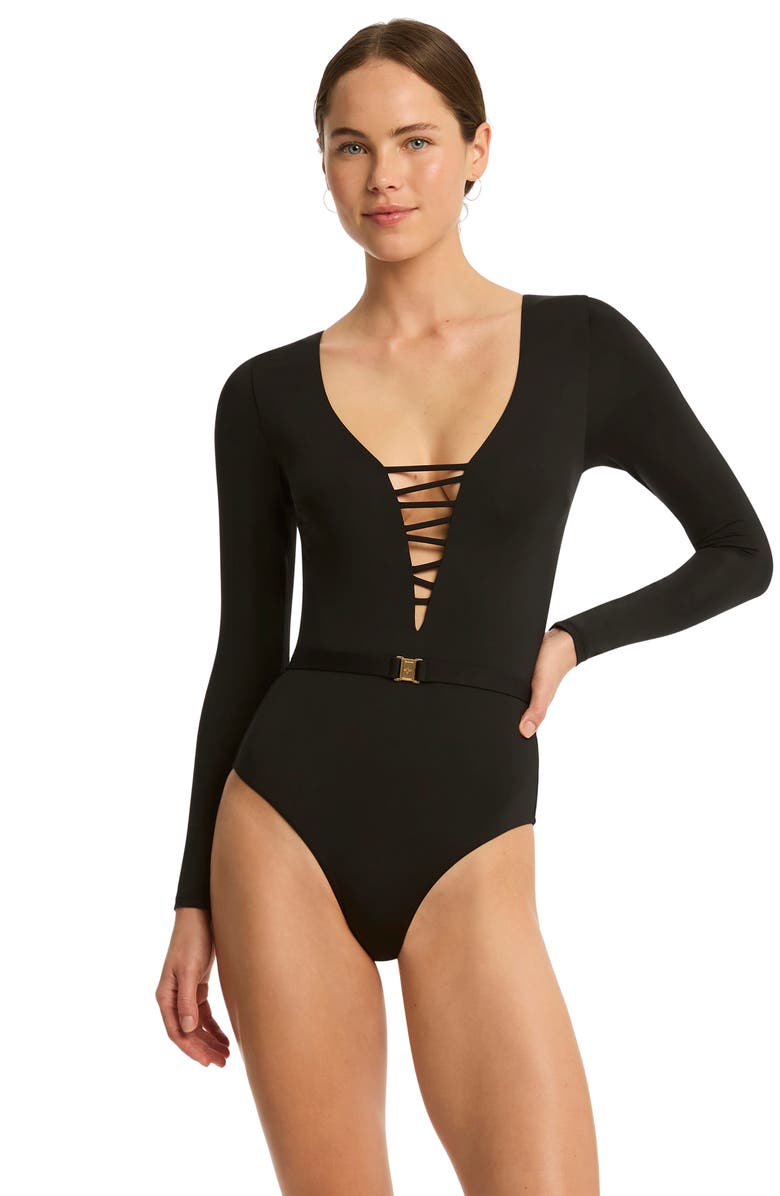 Sea Level Lattice Long Sleeve One-Piece Rashguard Swimsuit, Alternate, color, Black