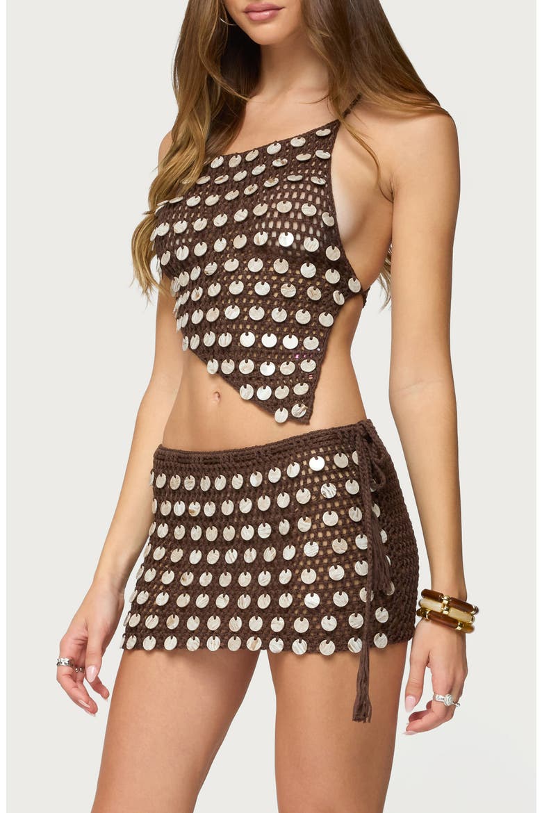 Alora Paillette Open Stitch Asymmetric Crop Top, Alternate, color, BROWN