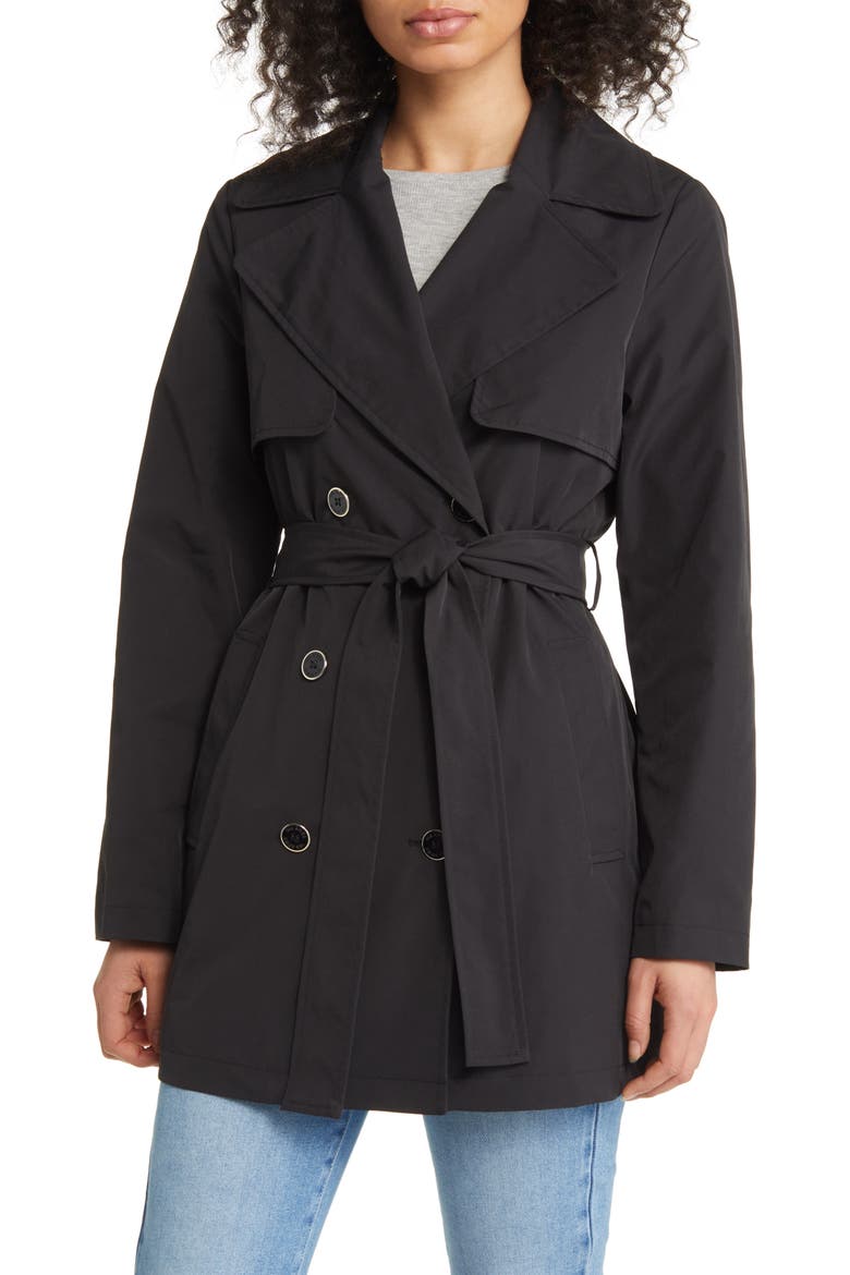 Double Breasted Belted Trench Coat, Main, color, BLACK