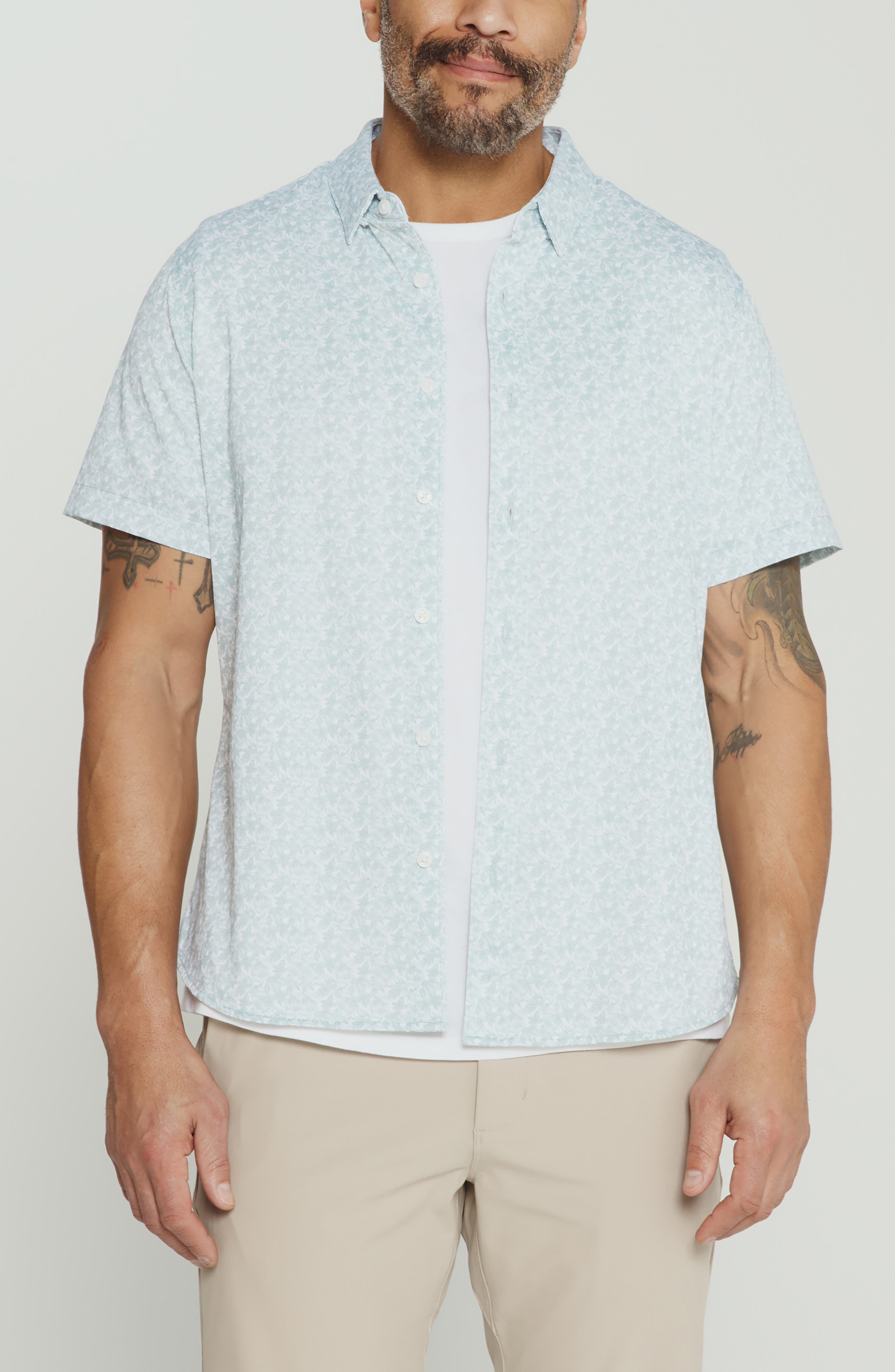 7 Diamonds The Wes Abstract Leaf Print Short Sleeve Stretch Button-up Shirt In Green