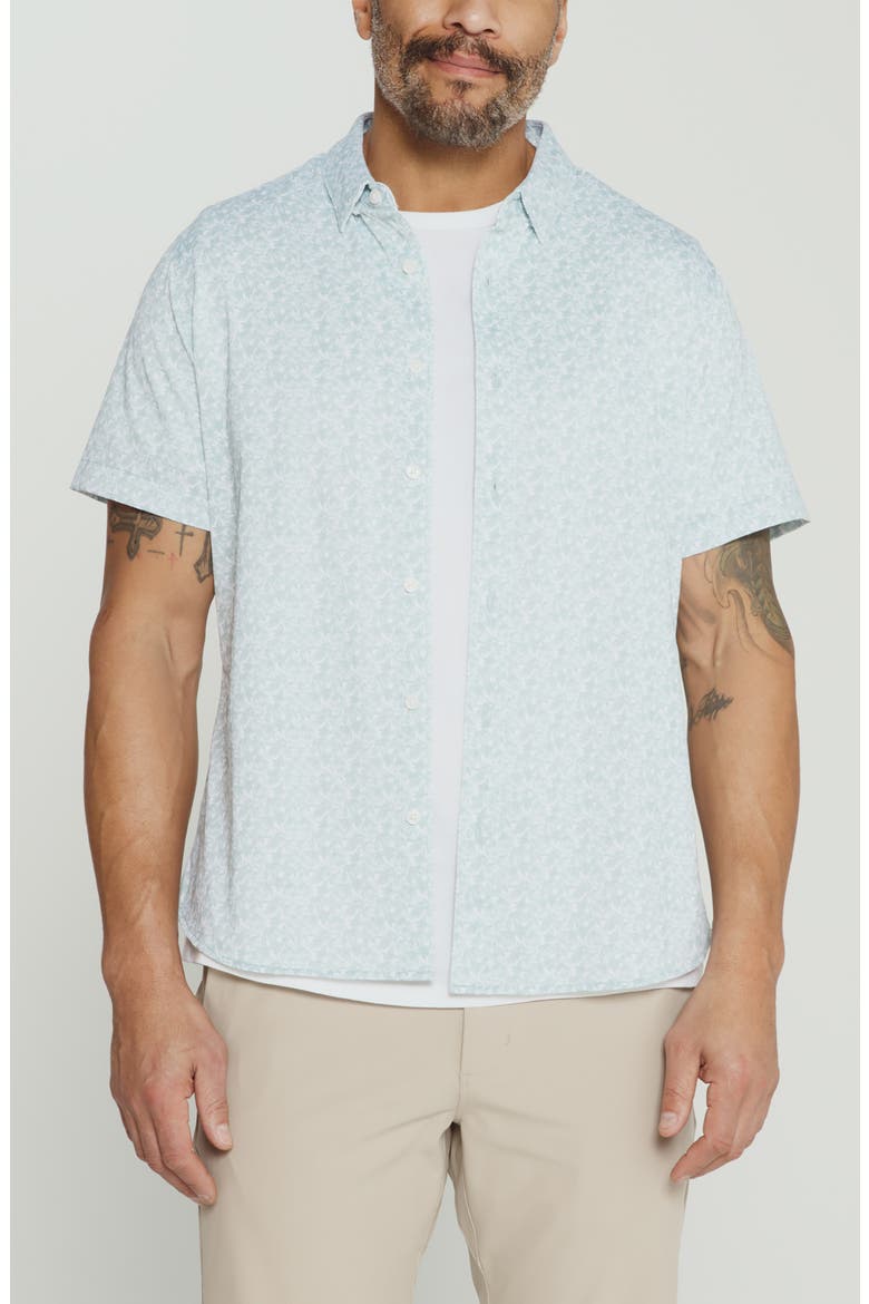 The Wes Abstract Leaf Print Short Sleeve Stretch Button-Up Shirt, Main, color, GREEN