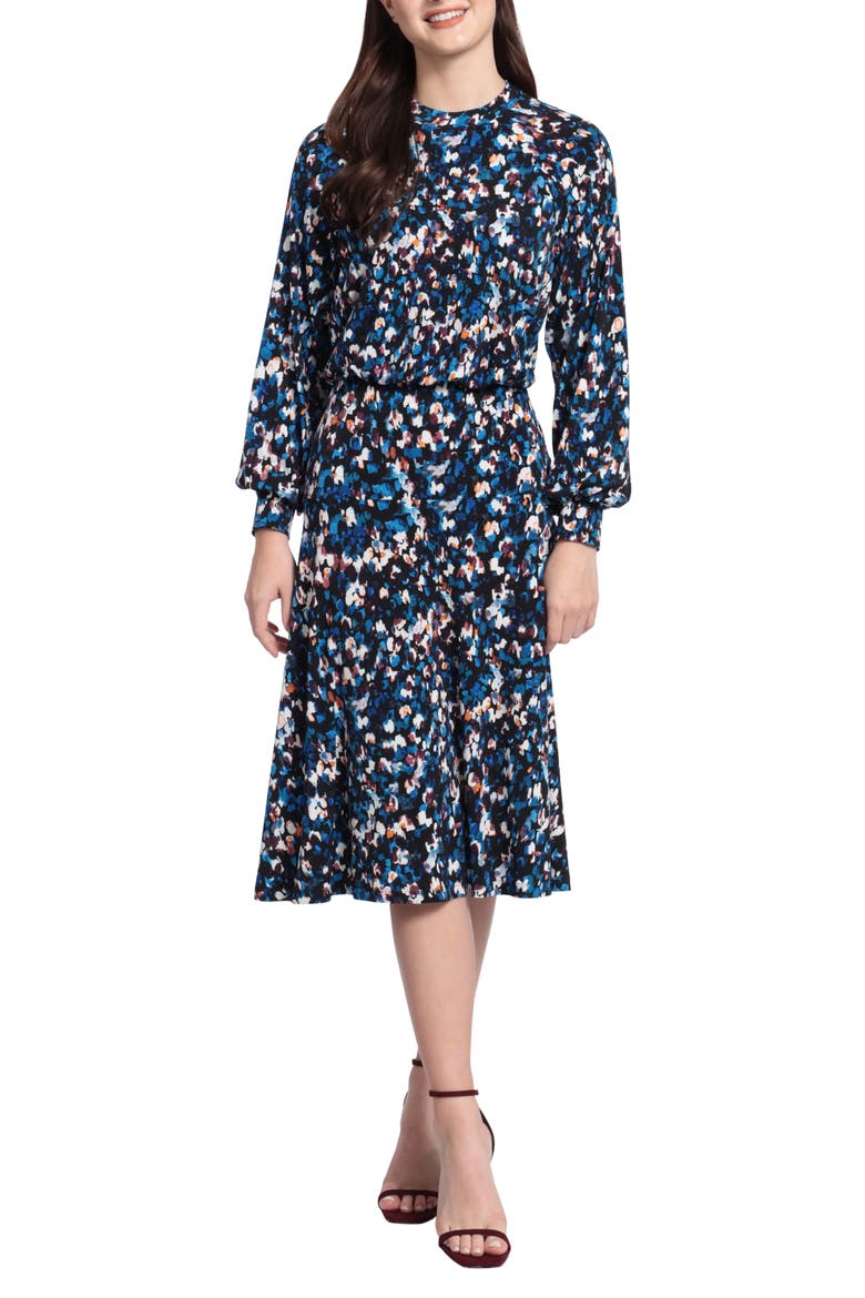 Floral Raglan Long Sleeve Midi Dress, Main, color, DEEP NAVY/ INK BLUE