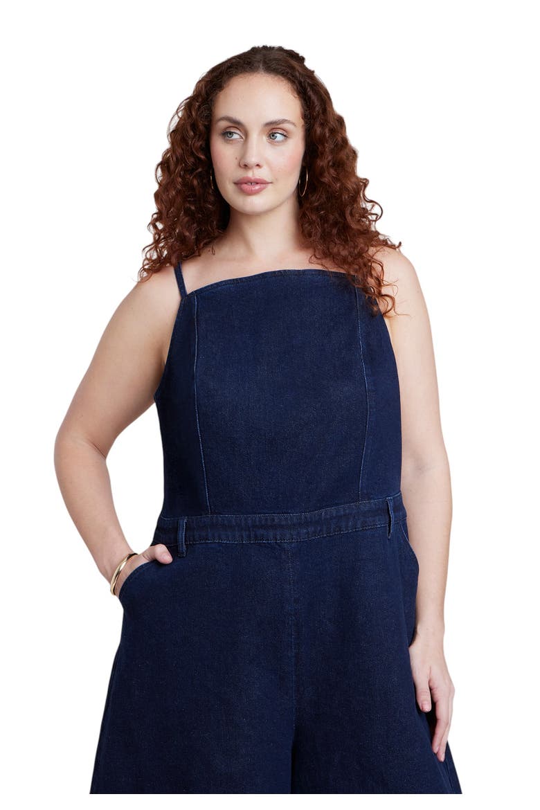 Stretch Denim Culotte Jumpsuit, Alternate, color, DARK WASH