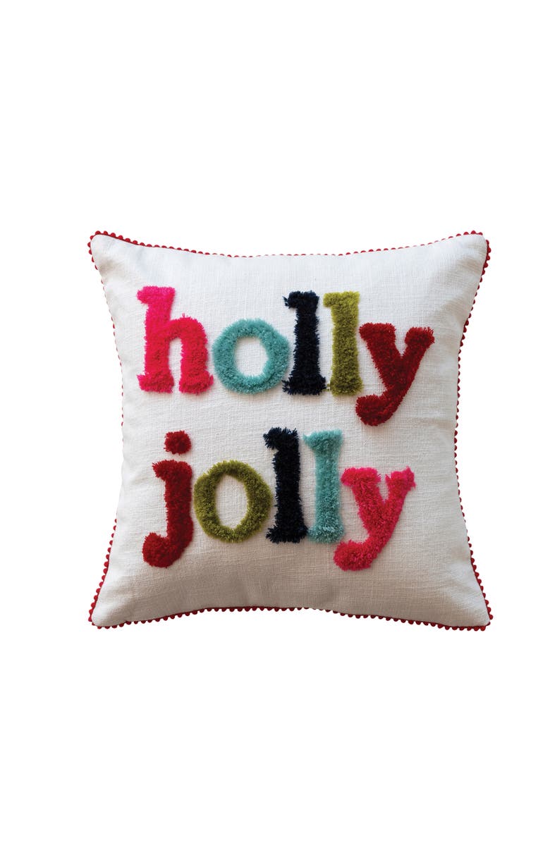 Storied Home Square Cotton Slub Pillow with Tufting and Pom Pom Trim "holly jolly", Multicolor, Main, color, White