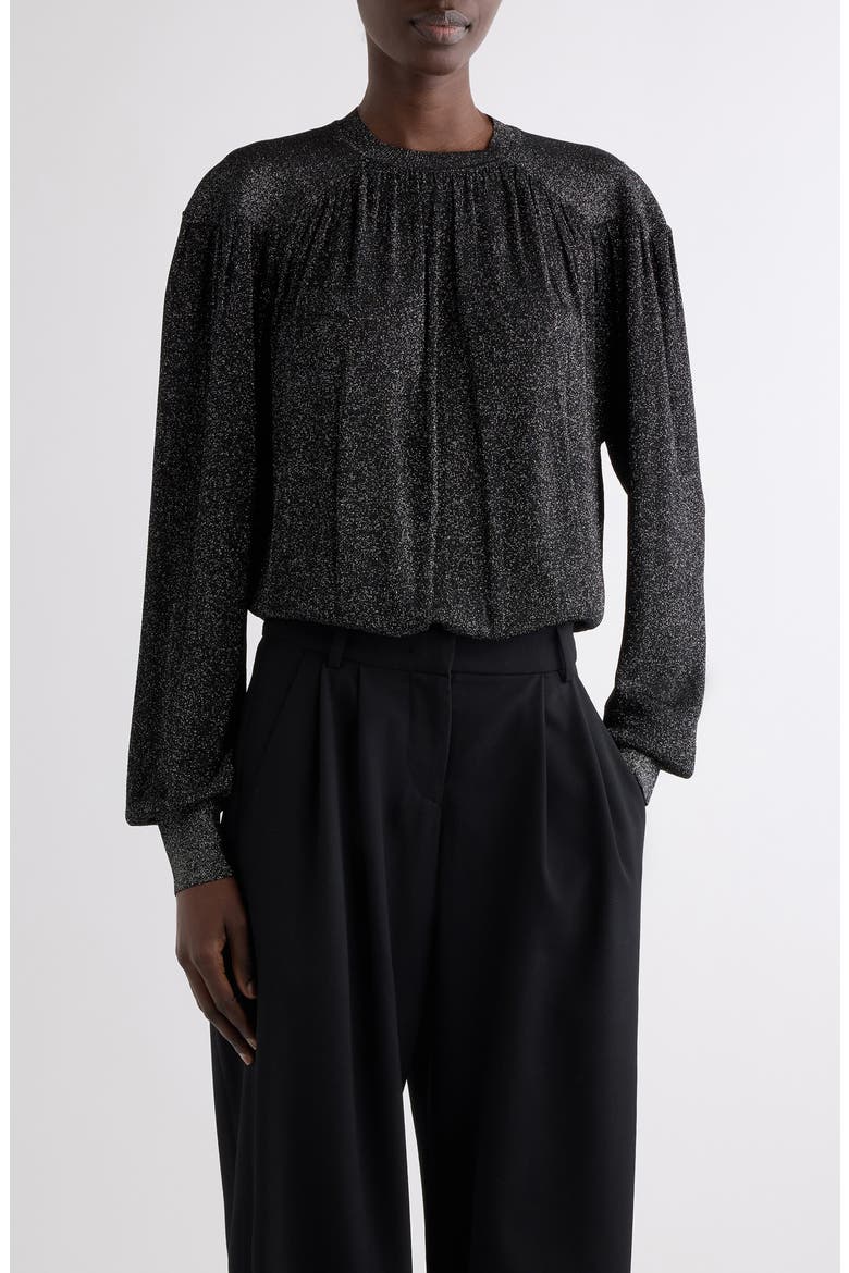 Enza Metallic Gathered Long Sleeve Top, Main, color, BLACK