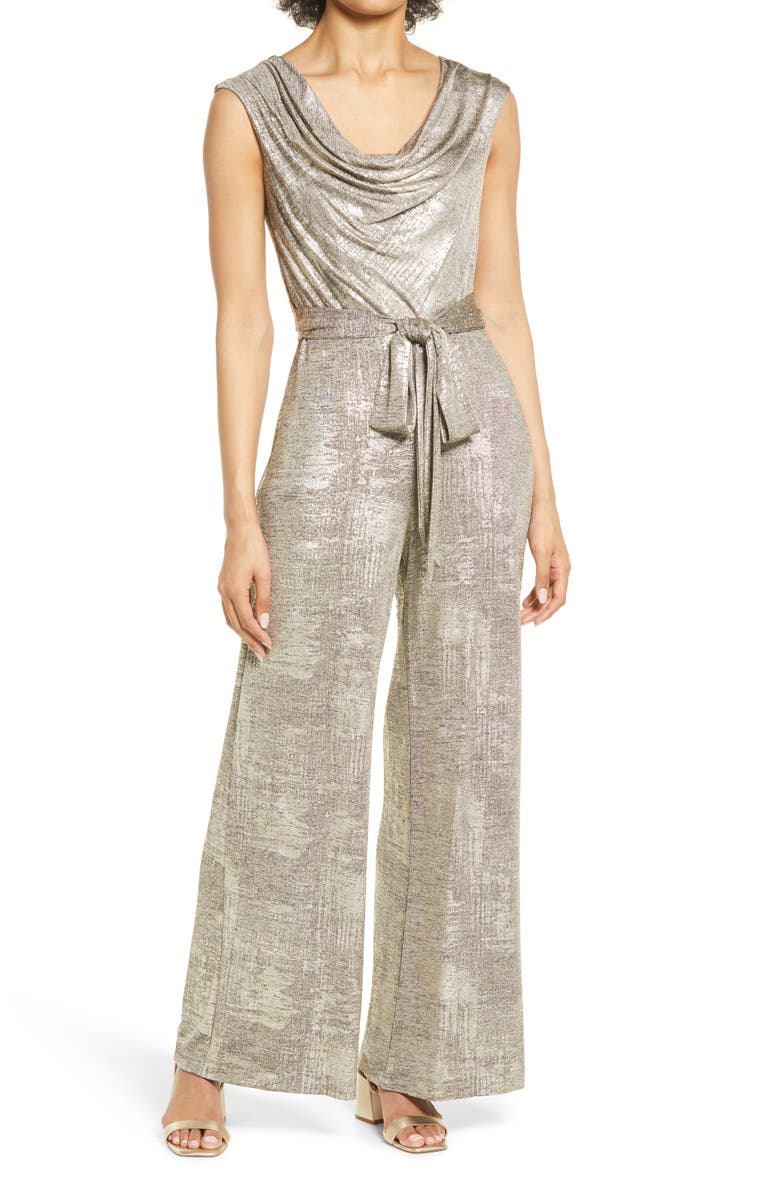 Connected Apparel Metallic Knit Tie Waist Jumpsuit, Main, color, 