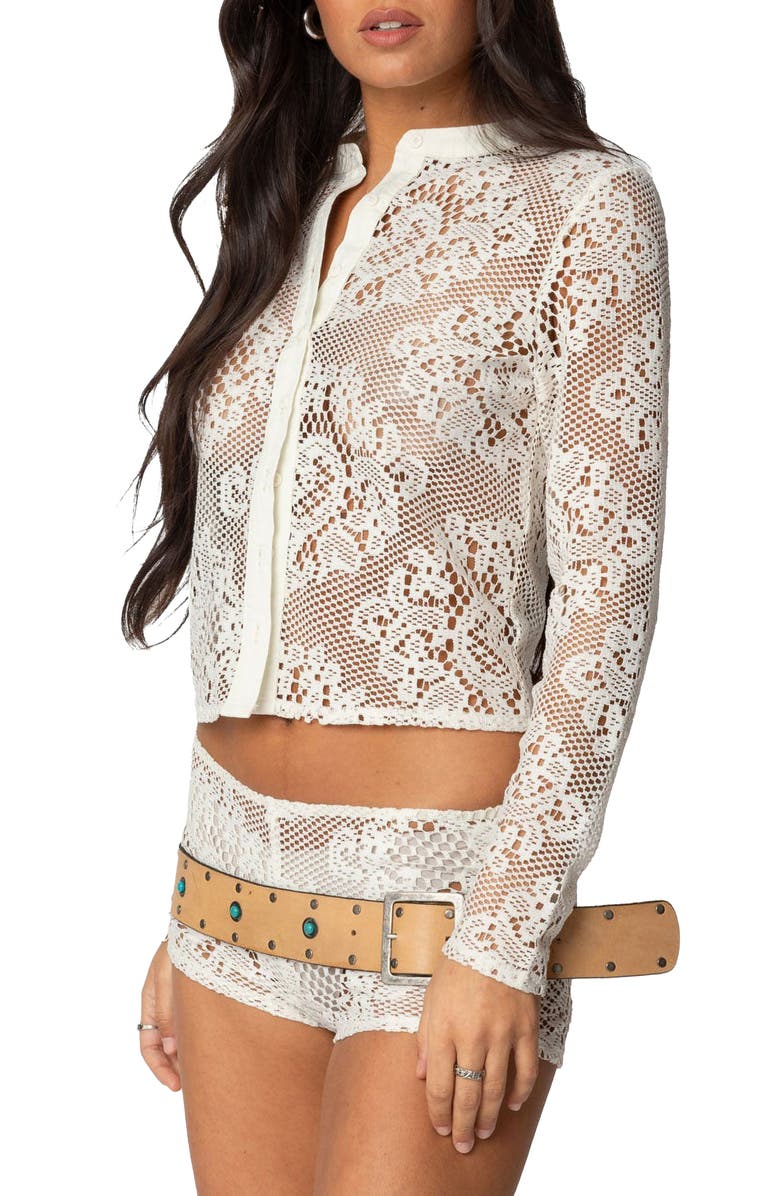 EDIKTED Peyson Sheer Lace Button-Up Shirt, Main, color, Cream