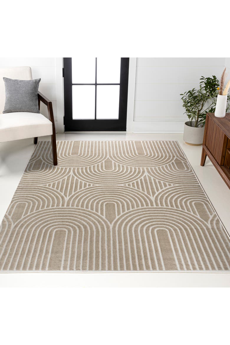 Ariana MidCentury Art Deco Striped Arches Two-Tone High-Low Area Rug, Alternate, color, Beige/Cream