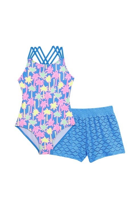 Girls Strappy One Piece Swimsuit with Crochet Short Coverup 2-Piece Set