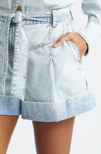 Zimmermann Belted Pleated Denim Shorts | Nordstrom