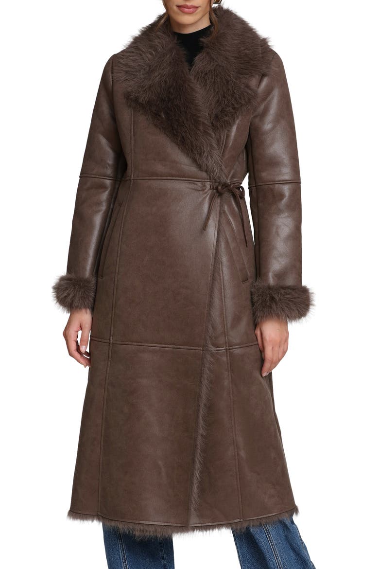 Reversible Faux Leather & Faux Fur Wrap Coat, Alternate, color, CHOCOLATE