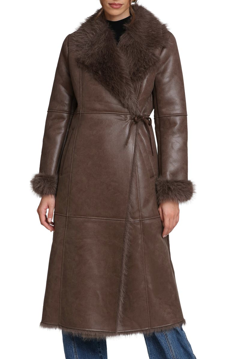 Avec Les Filles Reversible Faux Leather & Faux Fur Wrap Coat, Alternate, color, Chocolate
