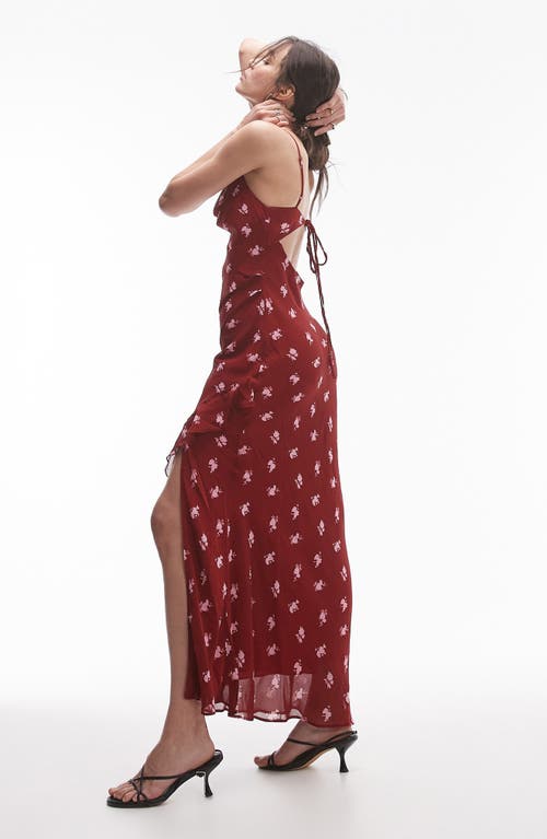 Topshop Floral Ruffle Draped Maxi Dress In Burgundy