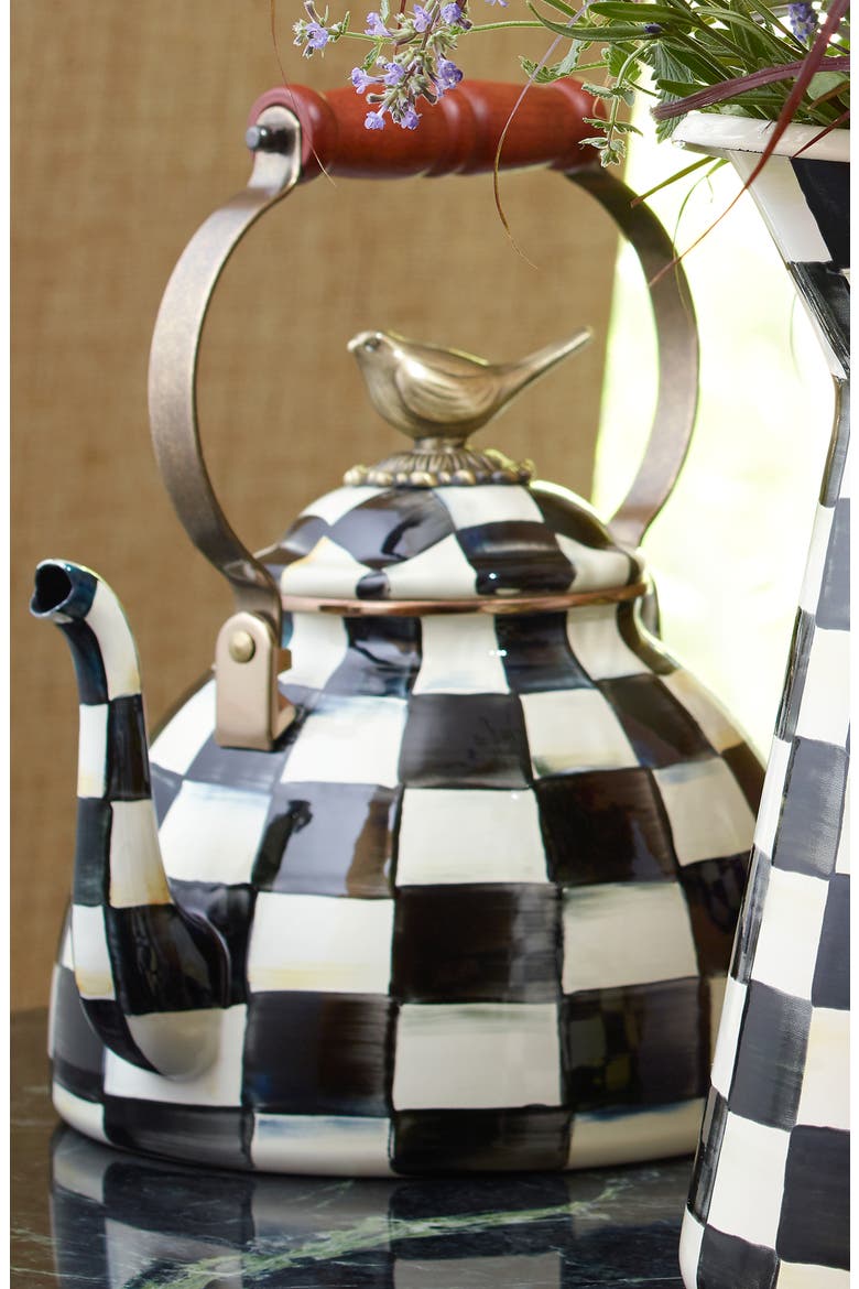 Courtly Check Enameled Steel 3-Quart Tea Kettle with Bird, Alternate, color, BLACK/ WHITE