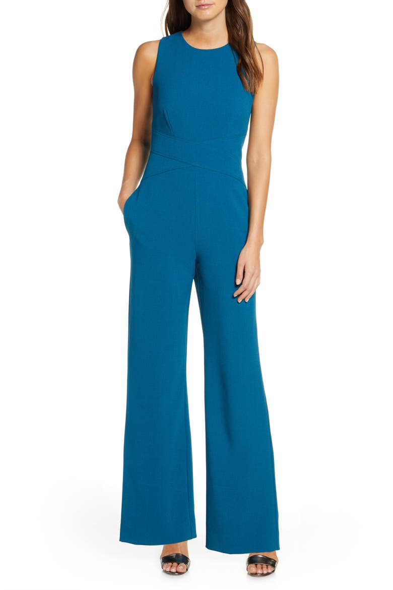 Crisscross Waist Crepe Jumpsuit, Main, color, TEAL