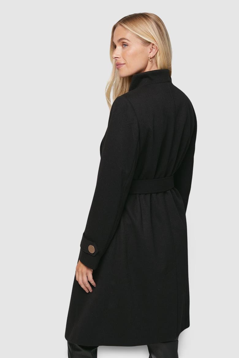 Petite Funnel Neck Tie Belt Coat, Alternate, color, Black