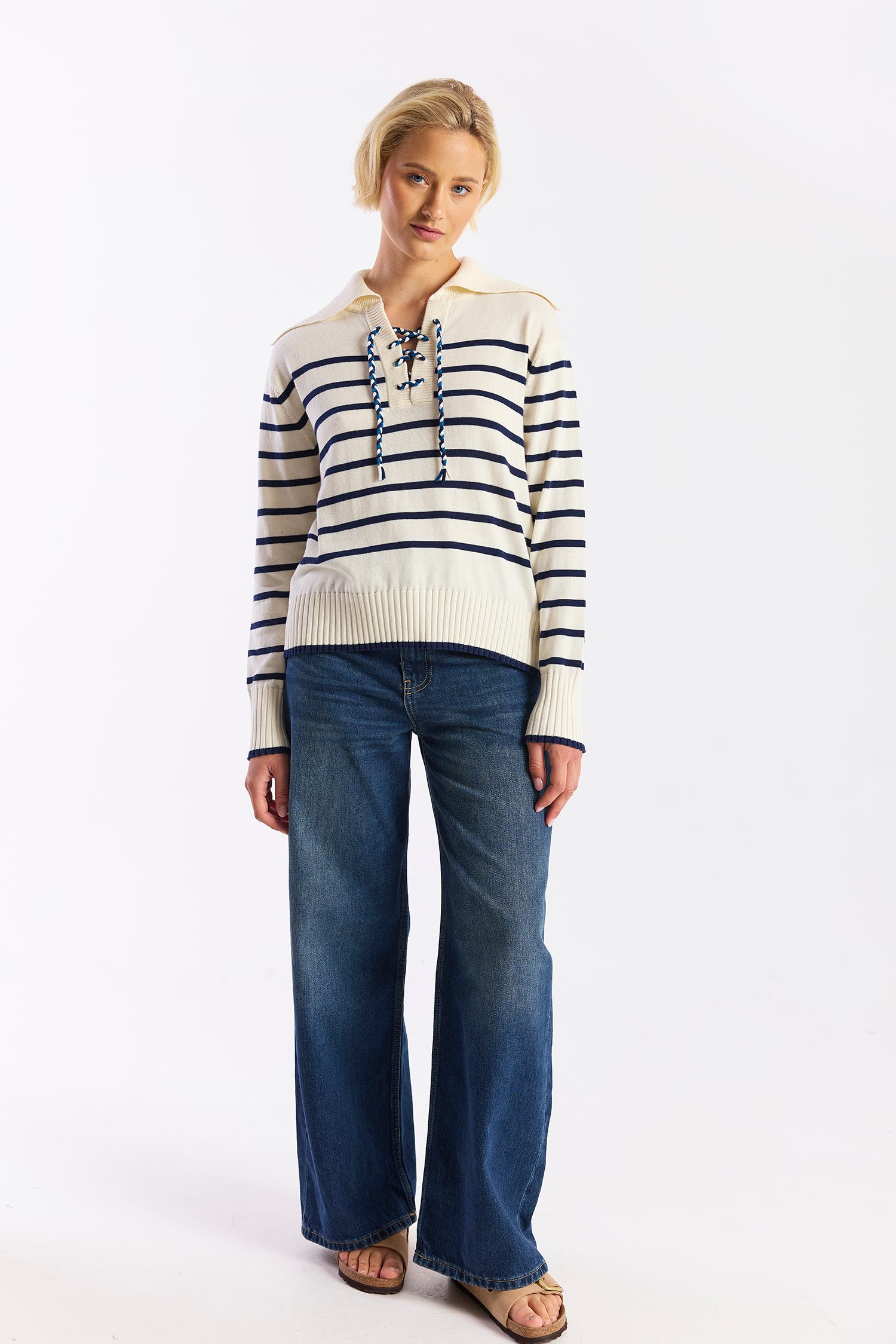 Stripe Lace Up Collared Knit Sweater - image 2