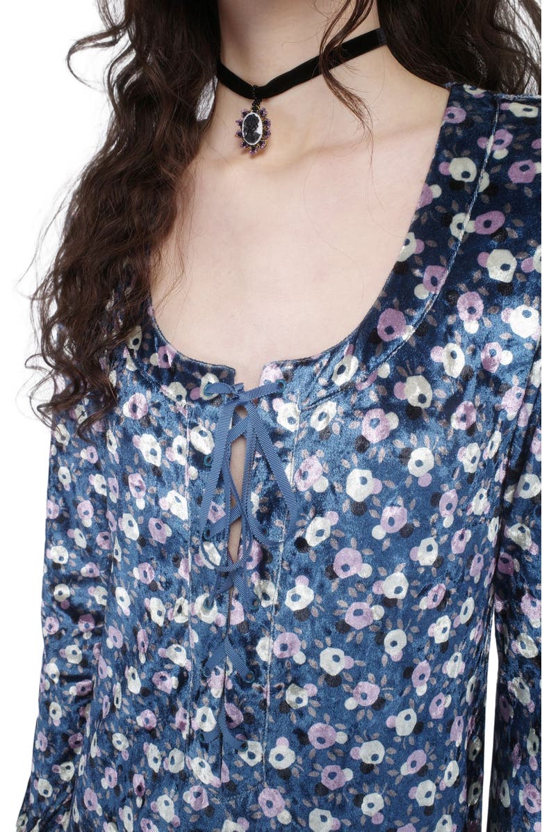 Anna Sui Posie Stretch Velvet Long Dress, Alternate, color, Cornflower Multi