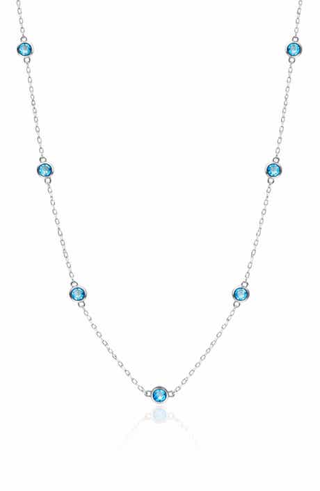 House of Frosted 14K White Gold Blue Topaz Station Chain Necklace