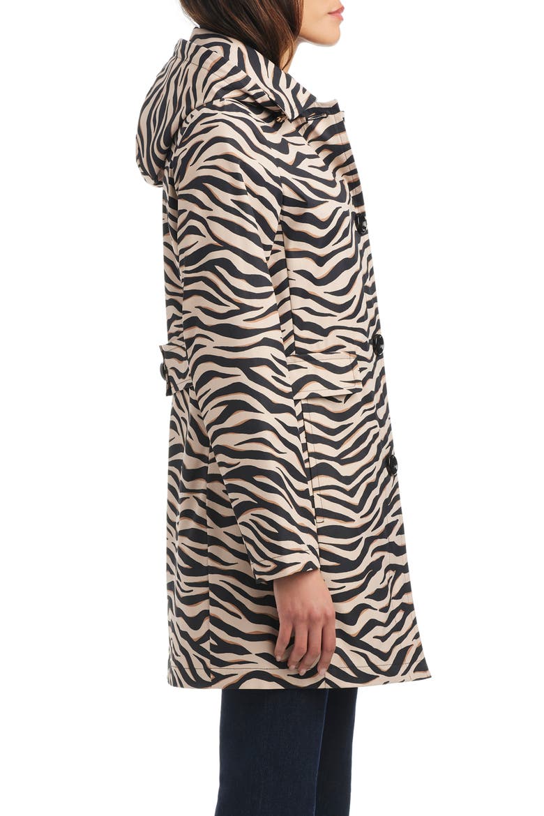hooded water resistant a-line trench coat, Alternate, color, BOLD ZEBRA