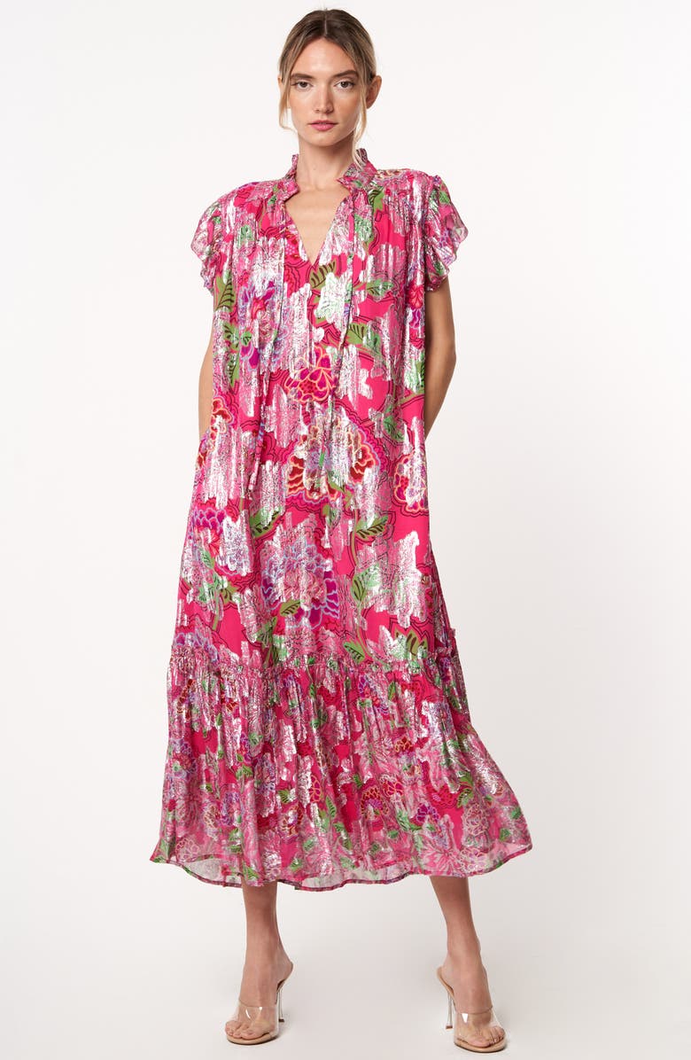 CIEBON Hilma Metallic Floral Print Maxi Dress, Alternate, color, Pink