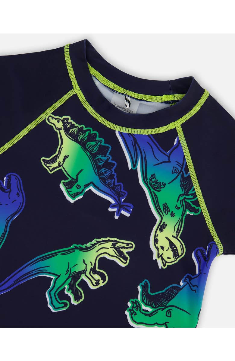 Deux par Deux Baby Boy's Short Sleeve Rashguard Blue And Green Dino On Navy, Alternate, color,